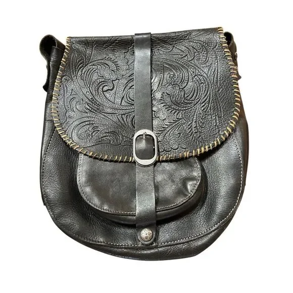 Patricia Nash Barcelona Black Tooled Leather Large Crossbody Saddle Bag Purse - Picture 2 of 15